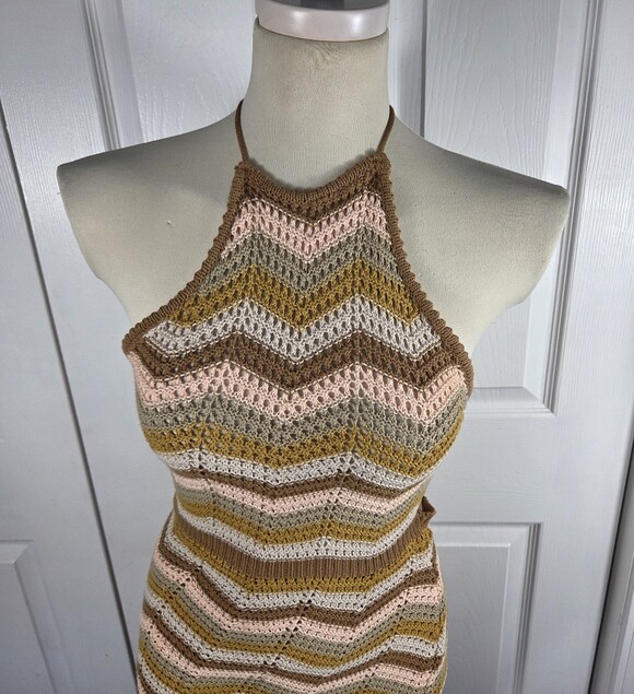 Lush Tops - Lush Crochet Knit Halter Maxi Dress Boho Chevron Open Back Small